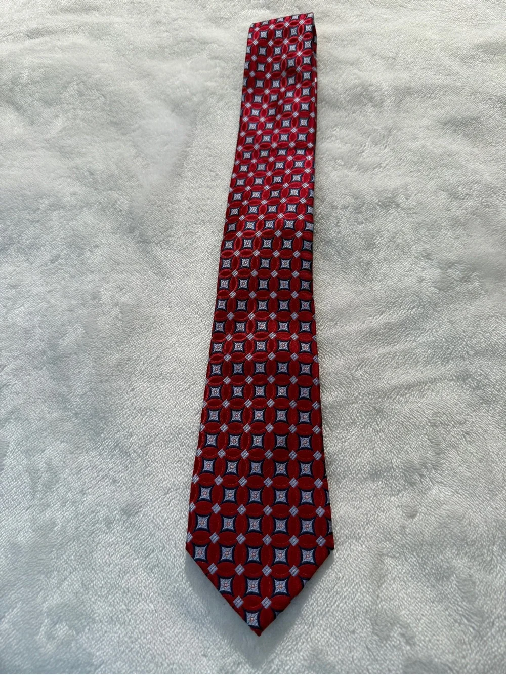 McMahan's Mens Handmade 100% Silk Tie Red Blue Geometric Circle Classic Width